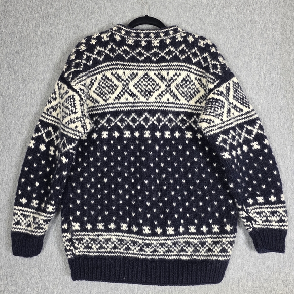 Nepal Men's Chunky Hand Knit Wool Sweater Black White Nordic Pattern - Picture 2 of 12